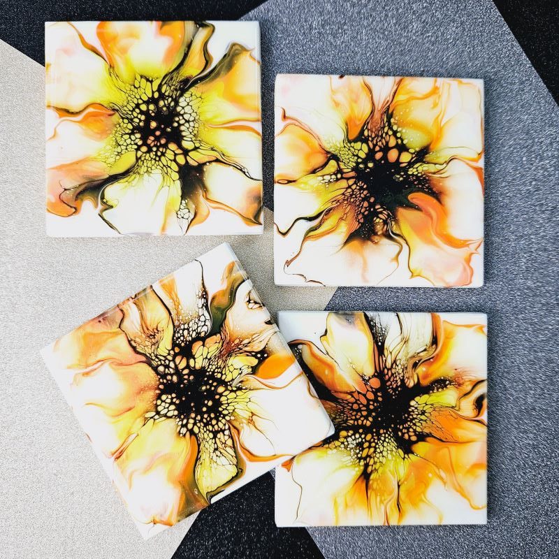 Sunny Flowers Fluid Art Coaster 4 piece set