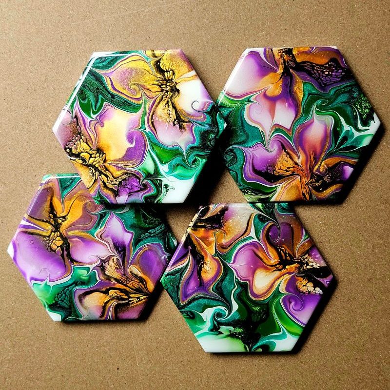Sophisticated Purple Bloom Fluid Art Coaster 4-piece set