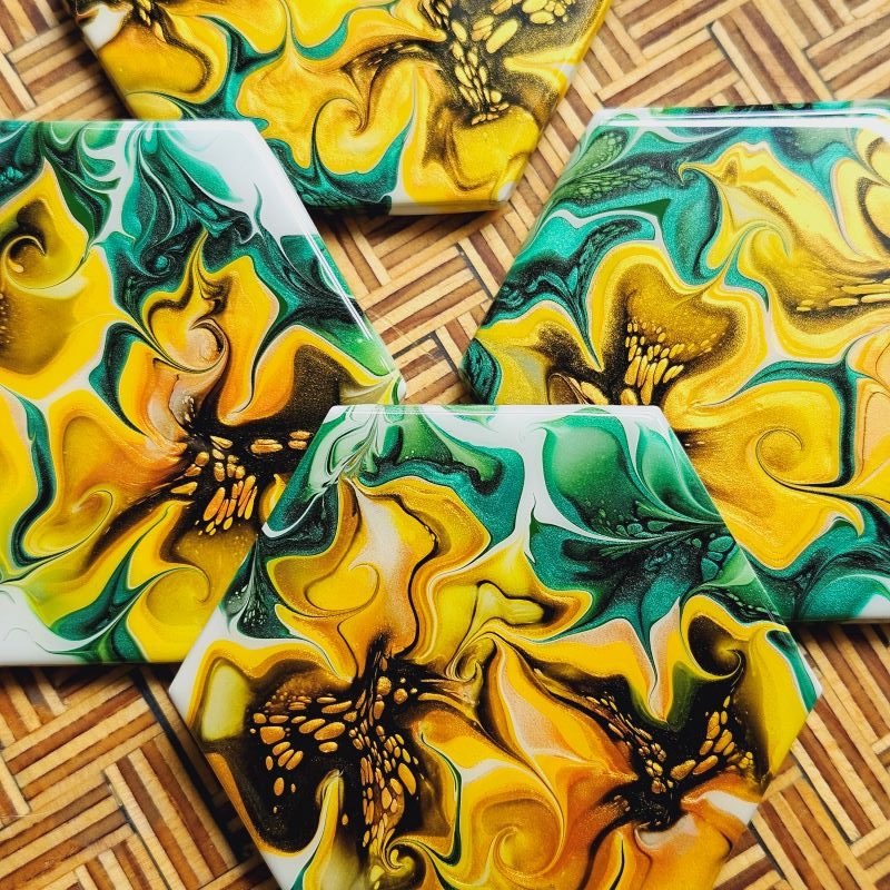 Golden Yellow Bloom Fluid Art Coaster 4-piece set