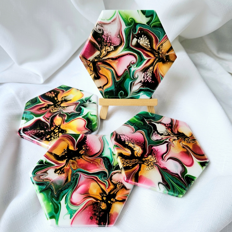 Magenta Bloom Fluid Art Coaster 4-piece set